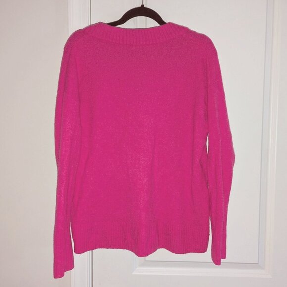 Gap Boucle V-neck Wool Blend Neon Fuchsia Solid Soft Knit Long Sleeve Sweater MP - Picture 3 of 3